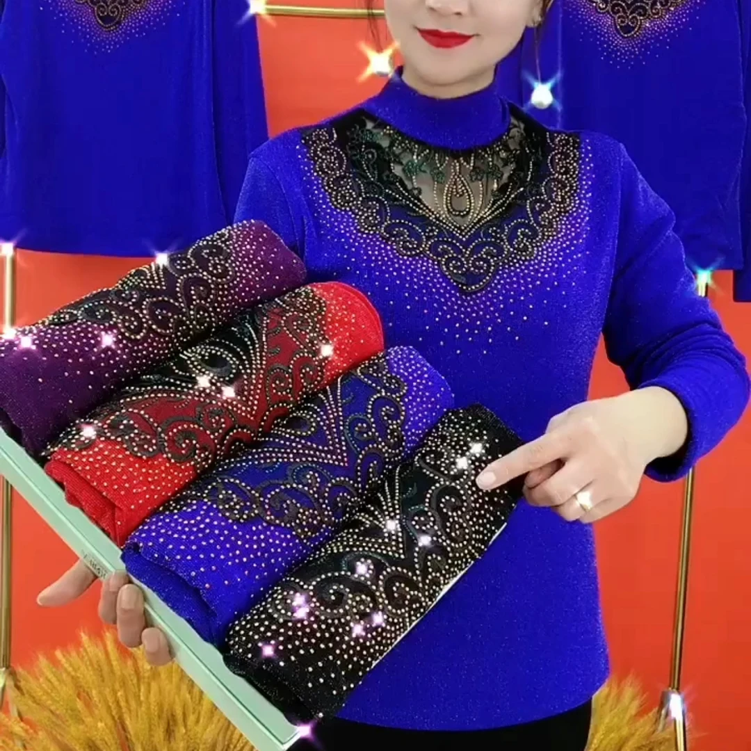 妈妈打底衫新款洋气T恤烫钻半高领加绒加厚遮肚子蕾丝上衣