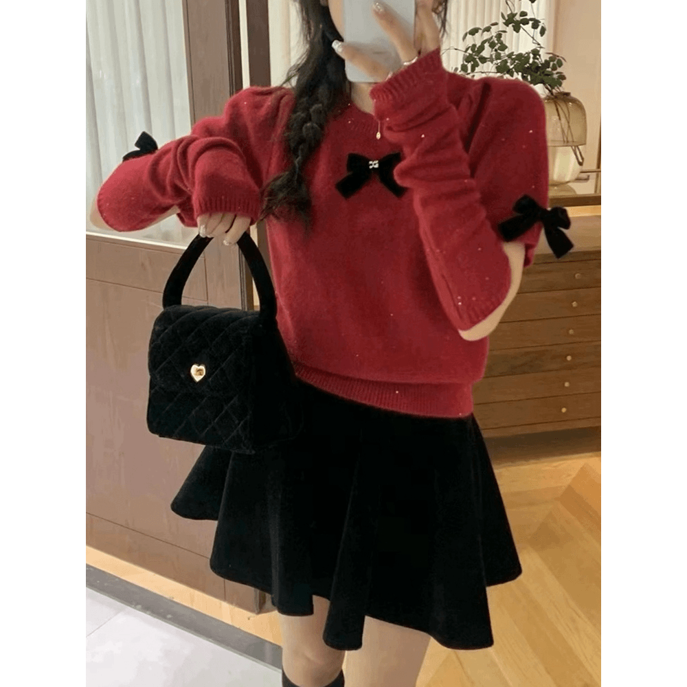 好看的圣诞节红色毛衣女款新款秋冬季新款时尚潮流断袖针织衫上衣
