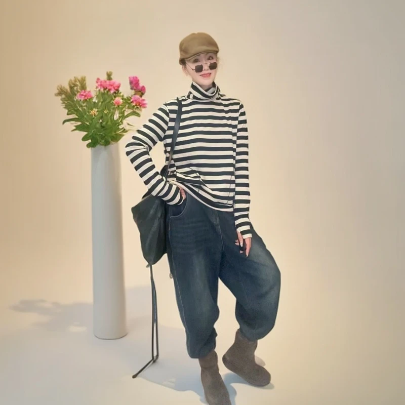 《紫布七坊专属》堆堆领条纹秋冬款德绒衫新女款高级感洋气内搭