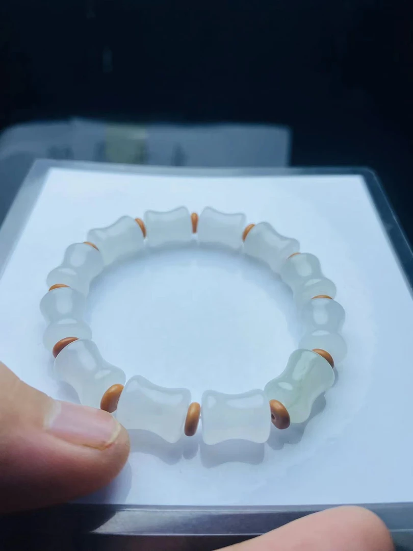 纯天然金丝玉天山冰翠，节节高升手串时尚冰透女款单圈冰白冰透