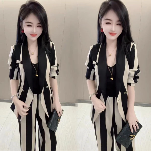 气质时尚职场高级感大女人两件套2024春夏新款盐甜系条纹休闲套装