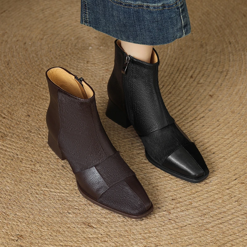 跟高4CM/33-40单绒/秋冬新款粗跟拼接复古短靴日常通勤小方头时尚