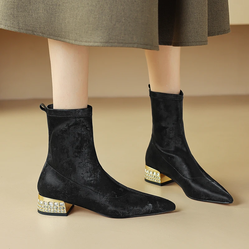 跟高3.5cm/33-43/2024新款尖头短靴时尚粗跟气质法式高级百搭通勤