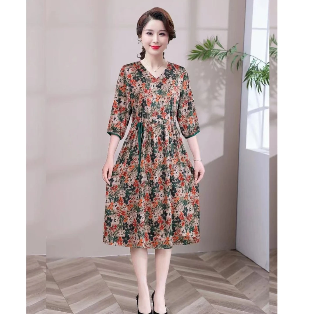 周周精选 0822【一叶知秋】修身时尚洋气遮肚大码妈妈装连衣裙