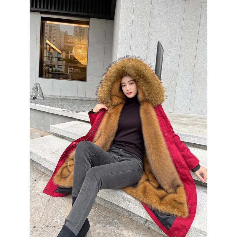 派克服女2023冬新款仿狐狸毛可拆卸内胆皮毛一体长款加厚皮草外套