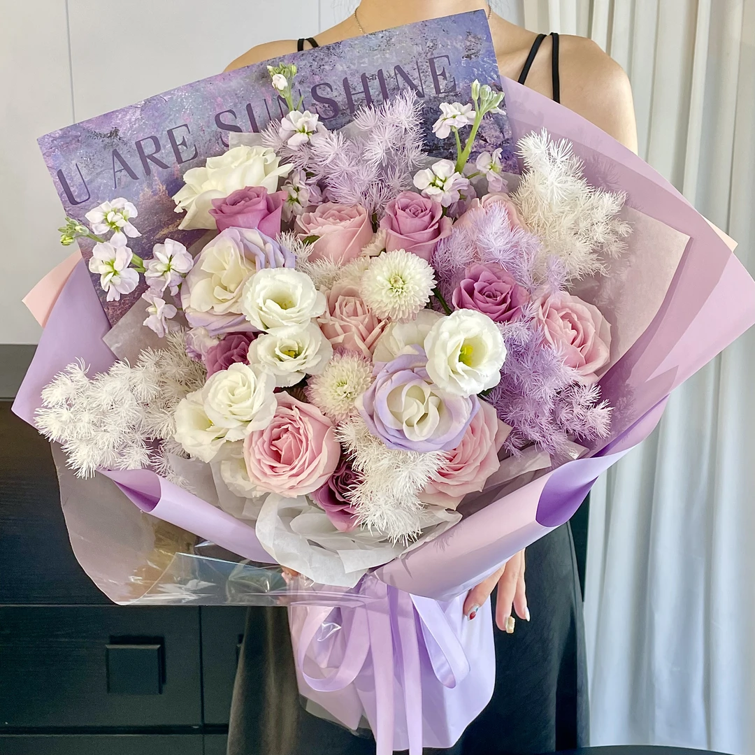 九月紫想你-超大混搭紫玫瑰香槟花束花材新鲜饱满网红高端定制