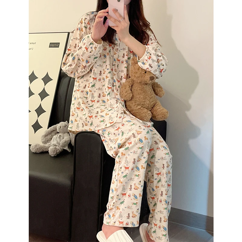 动物乐园春秋季韩版高端纯棉长袖睡衣女士可爱家居服套装可外穿潮