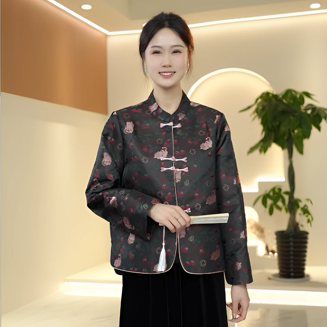 国风秋款招财绣花猫长袖百搭女外套中式气质宽松版立领上衣8013