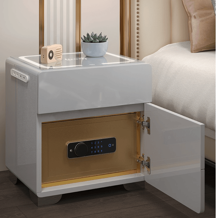 智能床头柜卧室简约多功能带灯指纹锁无线充电床头柜蓝牙音箱创意