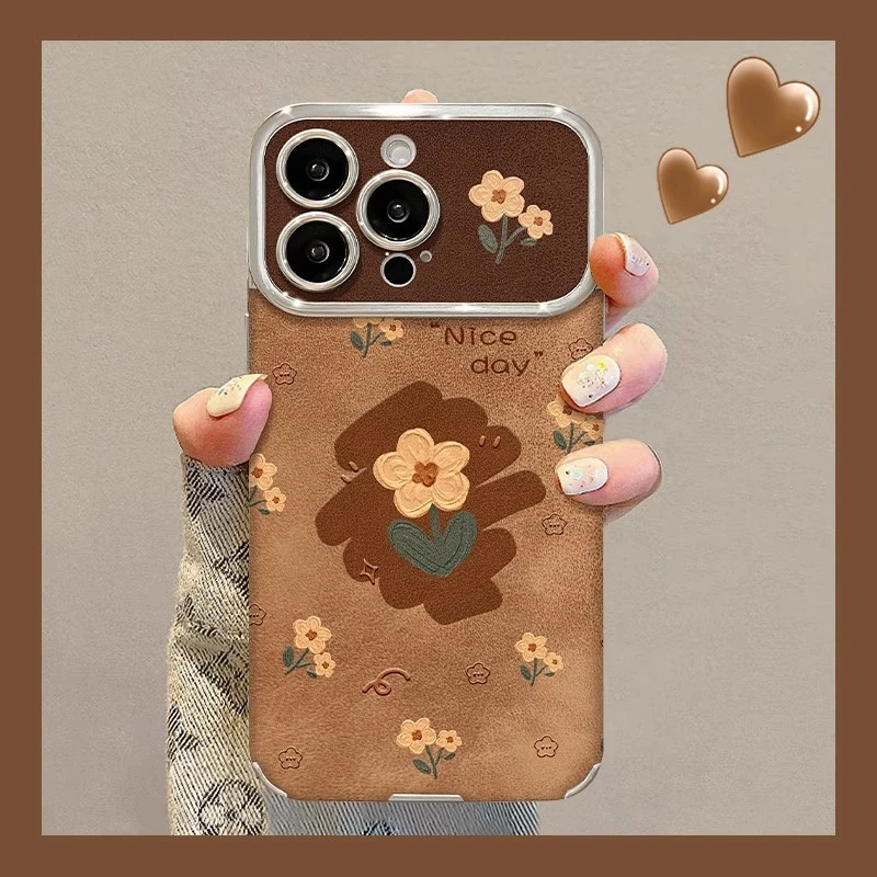 毛绒满屏花朵适用苹果16promax手机壳女款大视窗电镀皮质全包防摔