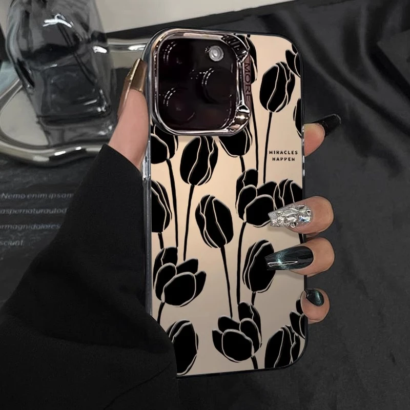 黑色郁金香适用苹果16pro手机壳女创意小众防摔新款全包高级个性