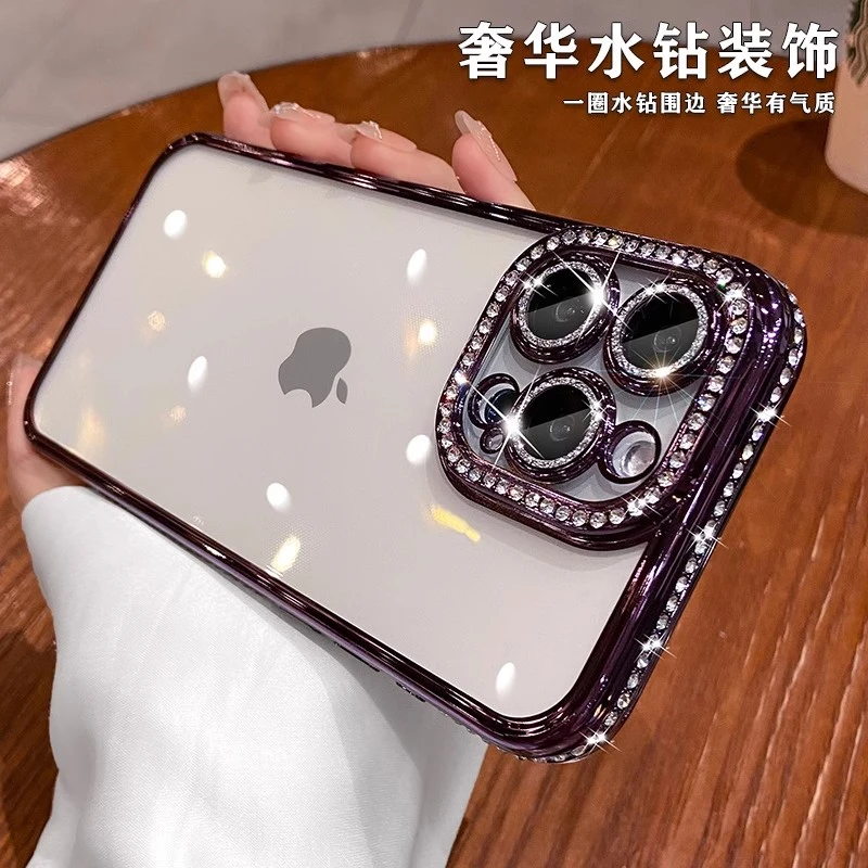 适用苹果16pro手机壳透明闪粉镜头膜奢华水钻边框网红女款ins高端