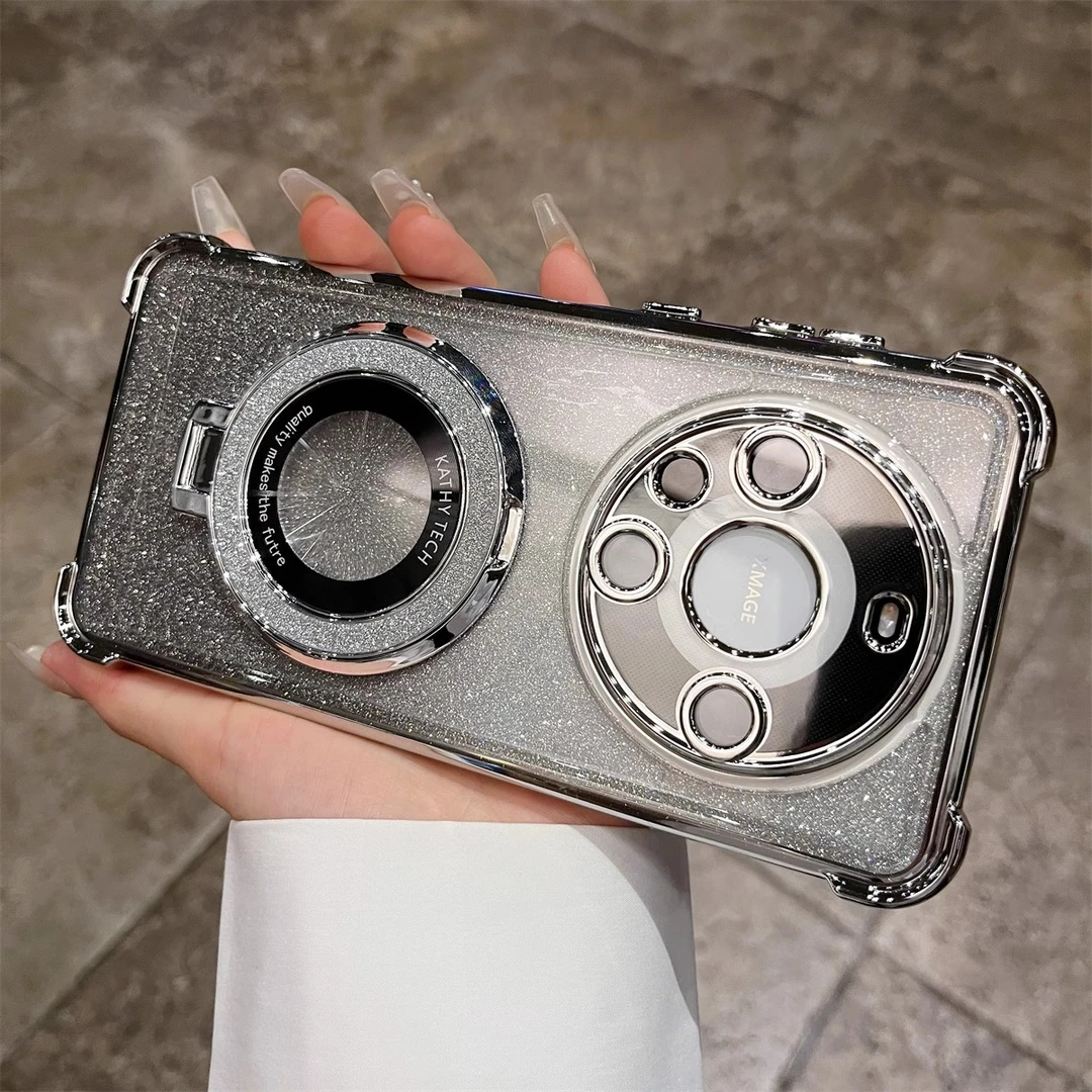 磁吸支架四角防摔适用华为mate60pro+手机壳高级渐变星空闪粉全包