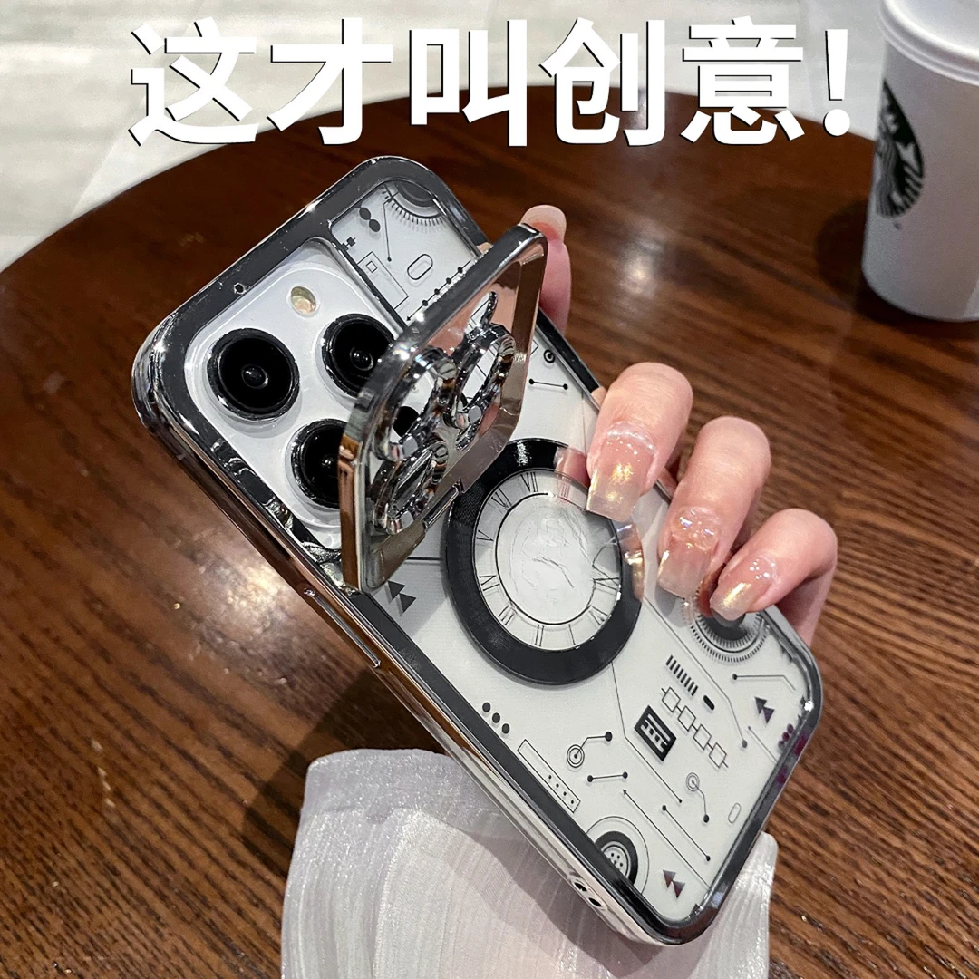 适用苹果手机壳透明磁吸创意翻盖镜头全包支架镜面网红女款高级感