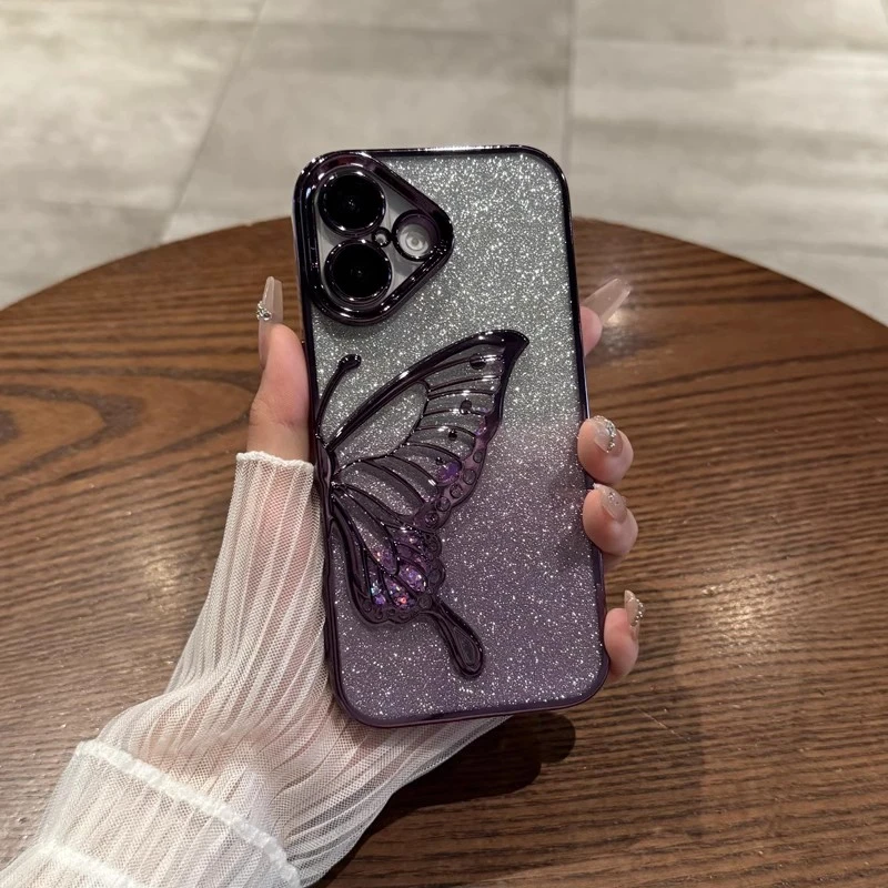 适用苹果16pro手机壳电镀流沙蝴蝶带镜头膜防摔网红女款轻奢ins风