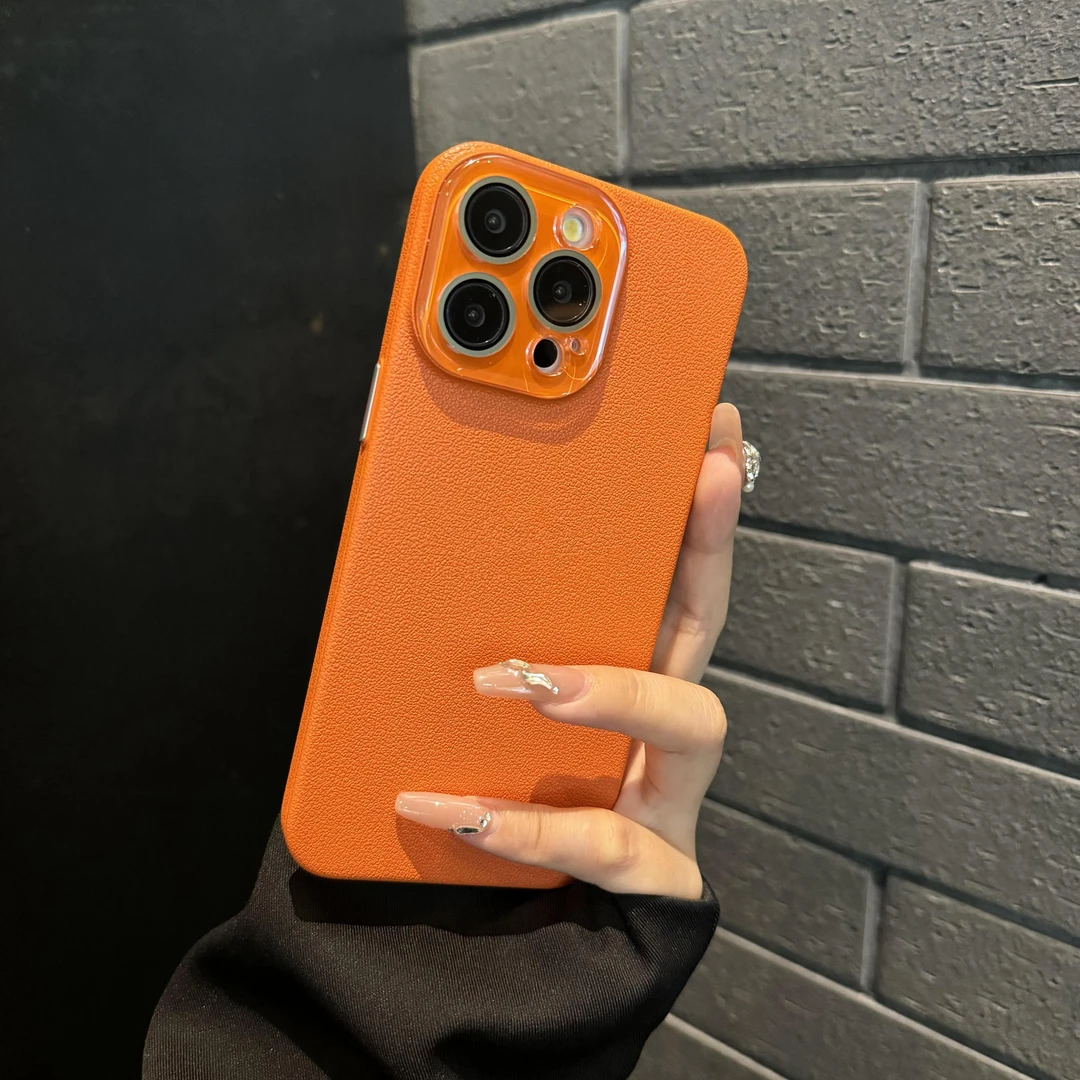 丹霞橙适用苹果16pro手机壳素皮带镜头膜网红男女镜头全包ins高档