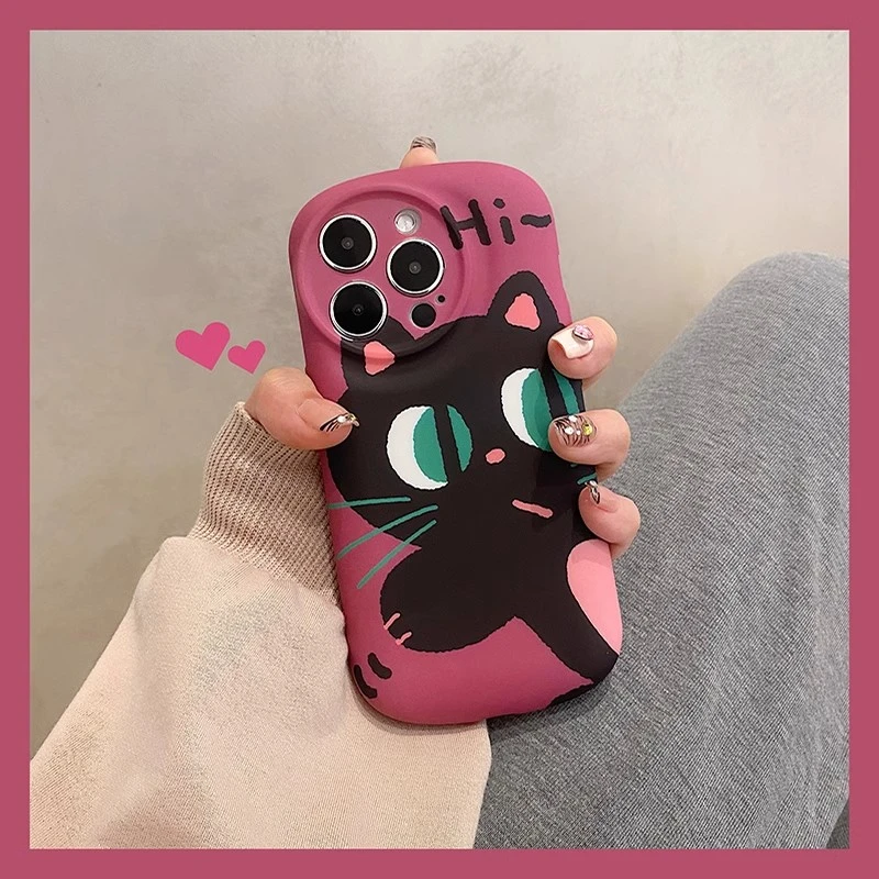 高级感玫红黑猫咪适用苹果16pro手机壳网红女款ins风可爱创意个性