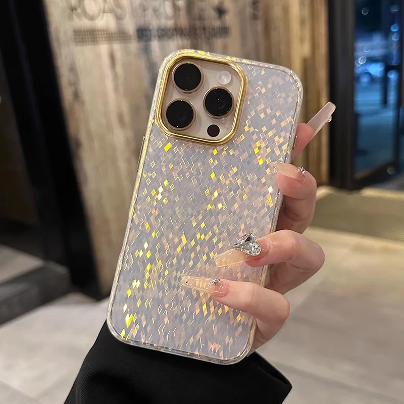 适用苹果16pro手机壳网红女款奢华菱格闪片高端ins大孔防摔高级感