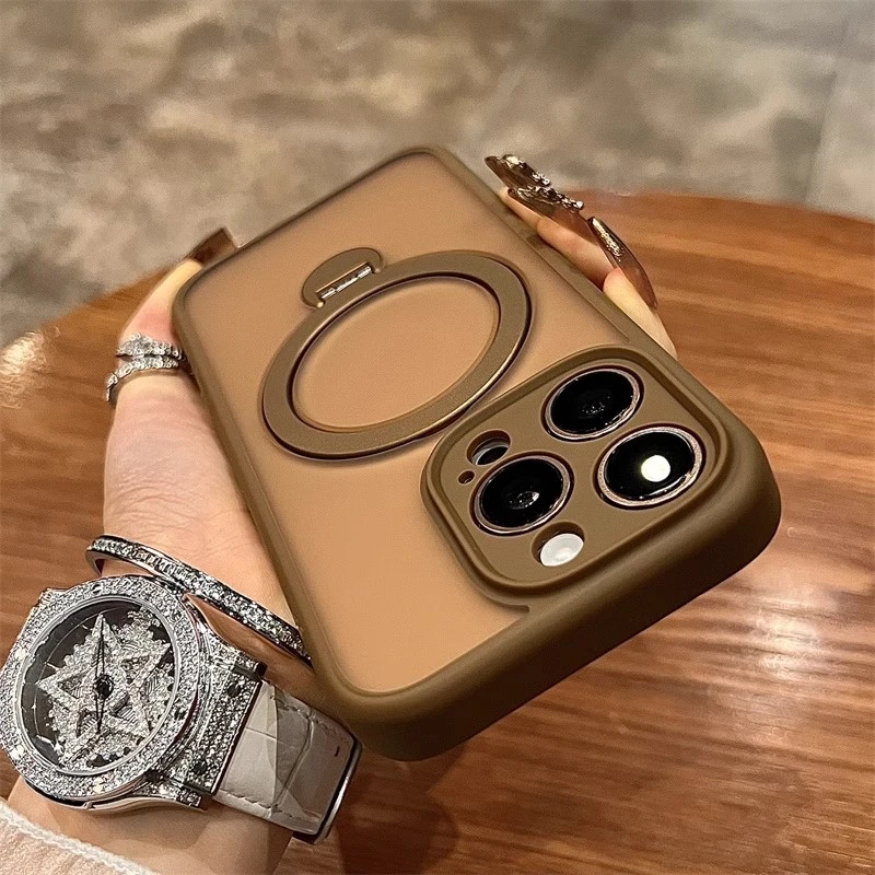 古铜金磨砂磁吸支架适用苹果16promax手机壳新款全包防摔高级硅胶