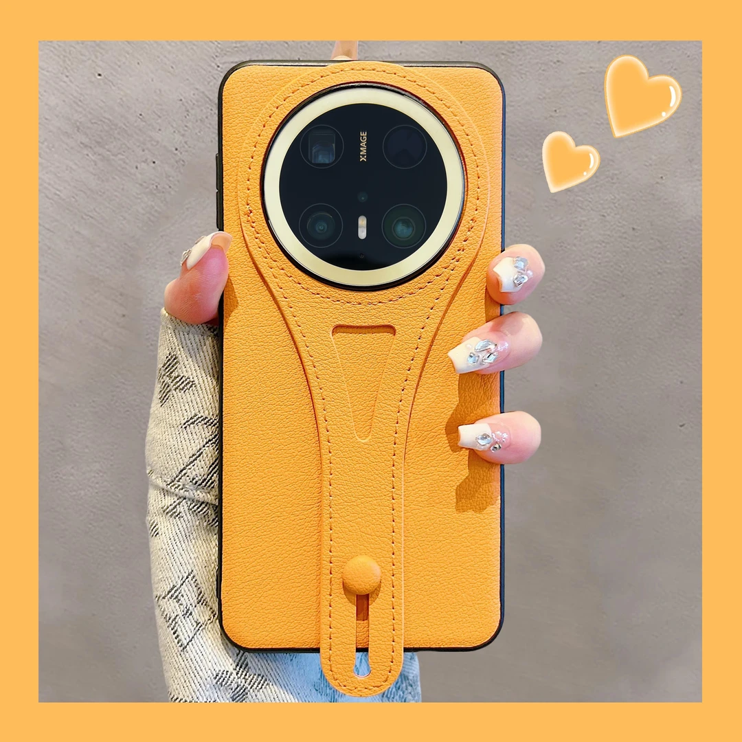 橙色适用华为mate70pro+手机壳高级皮质腕带支架气质女款网红新款