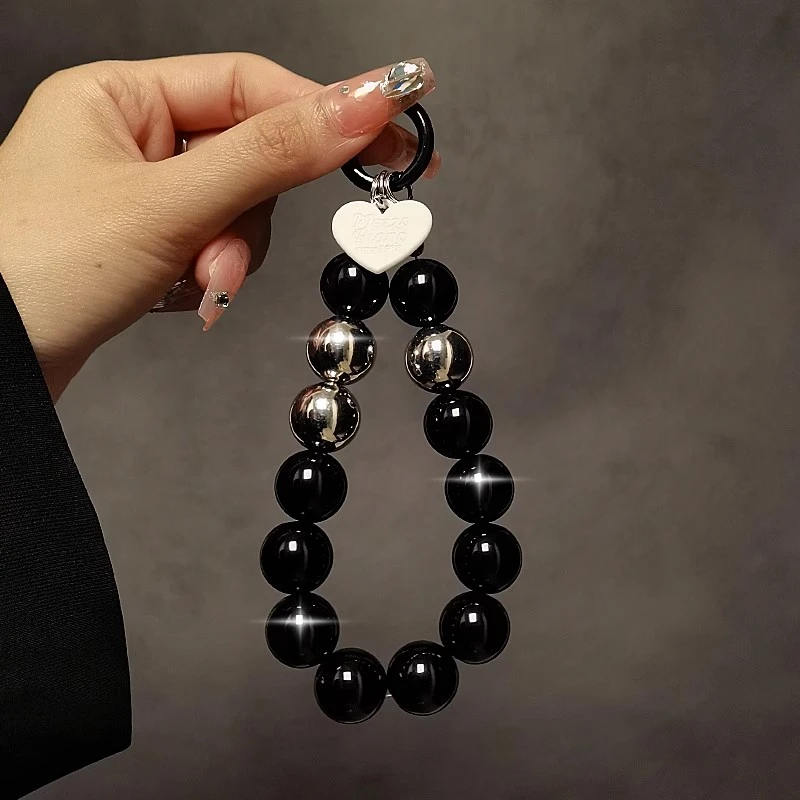 个性创意黑色珠子手提链条手腕短挂绳带夹片手机壳钥匙扣挂件女潮