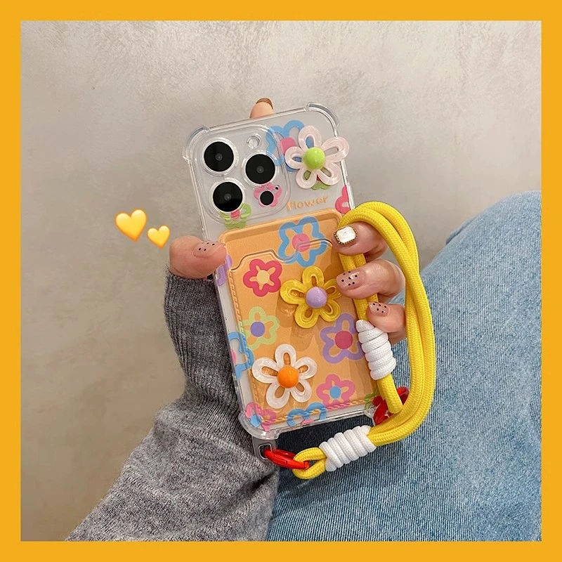 ins线条立体花朵适用苹果15pro手机壳网红女款可爱小众卡包带挂绳