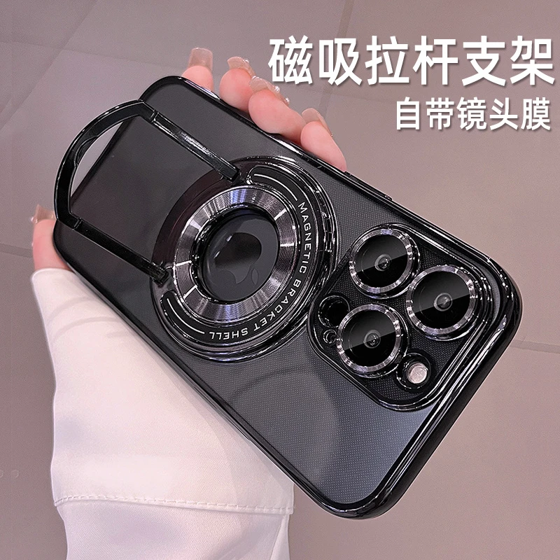 适用苹果手机壳带支架透明车载磁吸镜头全包硅胶网红情侣款高级感