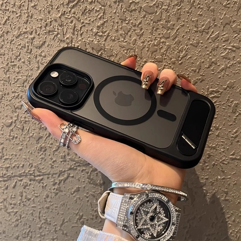 绅士黑磁吸金属支架适用苹果16pro手机壳新款高级感磨砂硅胶防摔