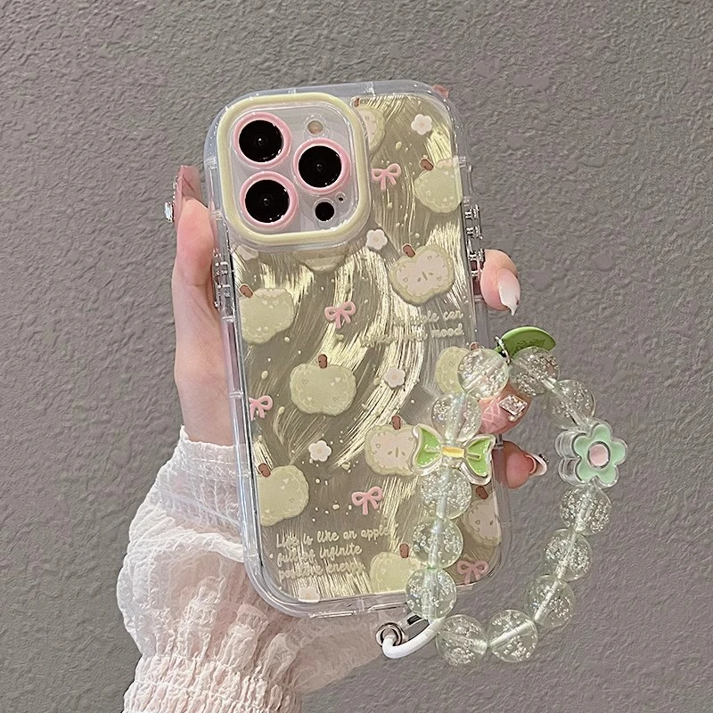 小清新绿苹果适用苹果15pro手机壳网红女款奶油羽纱带手链ins轻奢