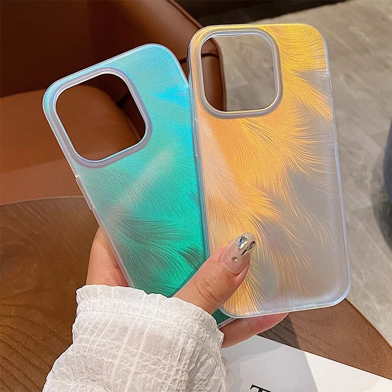 镭射渐变羽毛适用iPhone15pro手机壳苹果磨砂网红男女款ins高级感