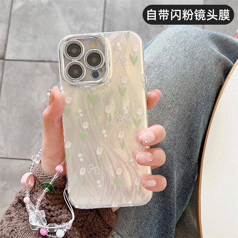 小清新花朵羽纱适用苹果15pro手机壳网红女款自带镜头膜ins带手链