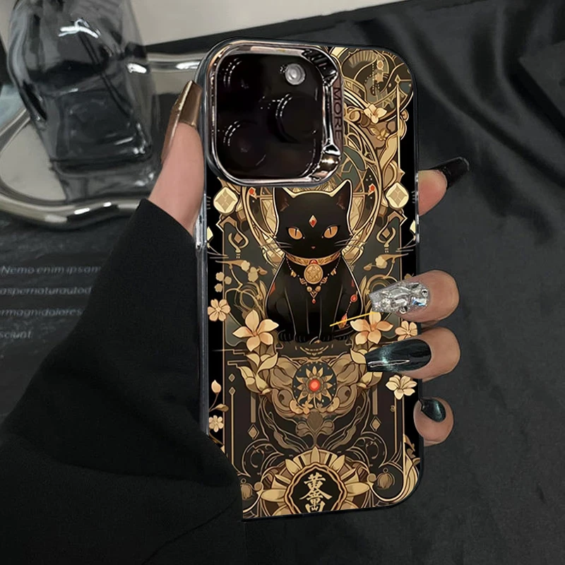 招财黑猫适用苹果16promax手机壳女创意小众个性防摔新款全包高级