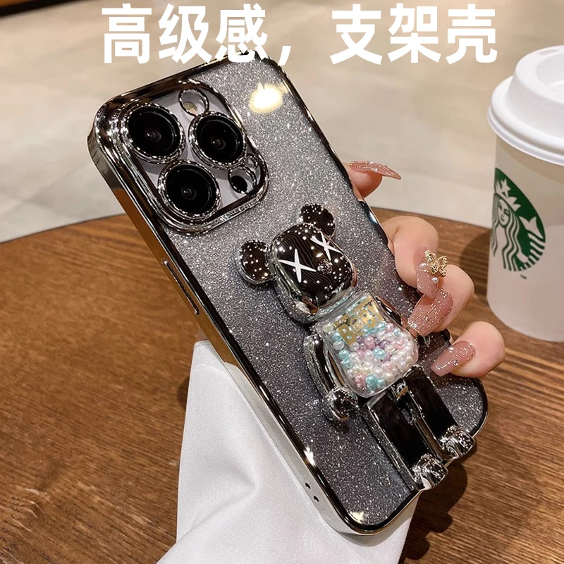 适用苹果手机壳透明闪粉渐变小熊支架镜头全包奢华网红女款高级感