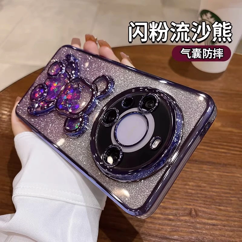 适用华为mate60pro手机壳新款闪粉流沙熊全包高级感硅胶女款防摔