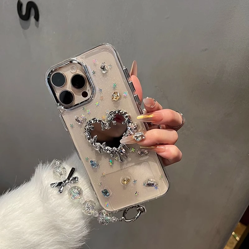 滴胶水钻爱心立体补妆镜适用iPhone16proMax手机壳苹果女款带手链