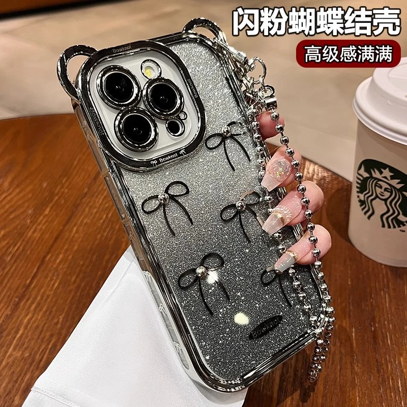 可斜挎ins风电镀闪粉蝴蝶结适用苹果15pro手机壳透明网红女款可爱