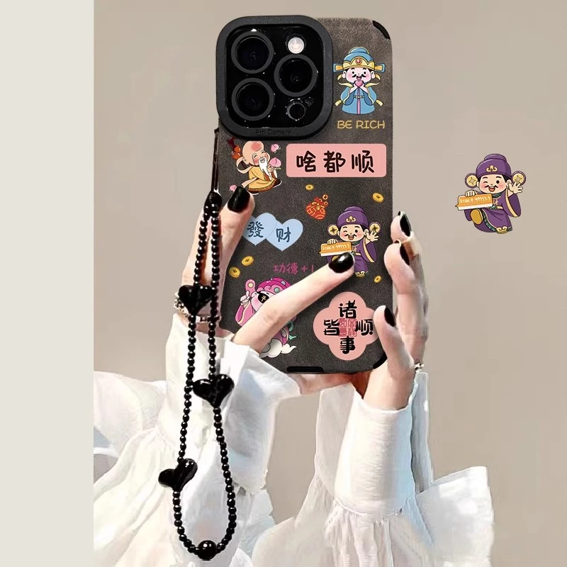 啥都顺财神适用苹果16promax手机壳女款皮质高级硅胶秋冬全包防摔