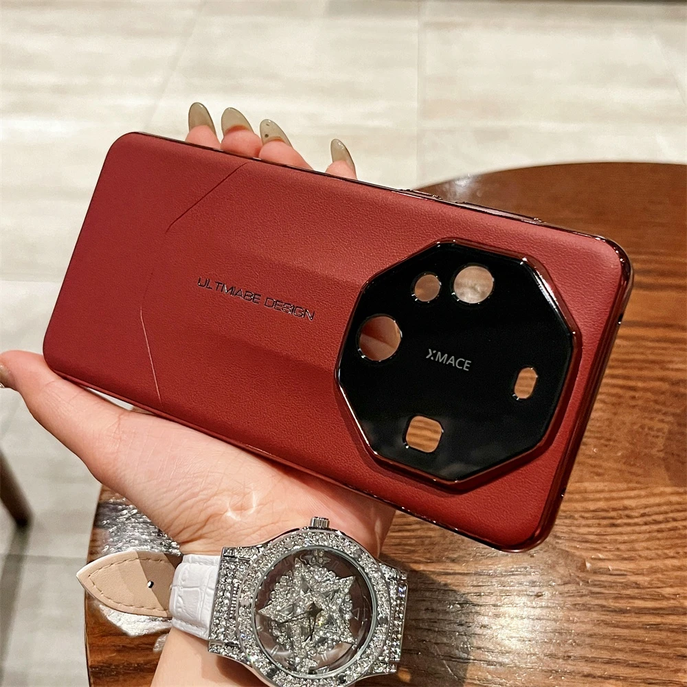 瑞红色适用华为mate60pro+手机壳RS秒变非凡大师纯色高档素皮简约