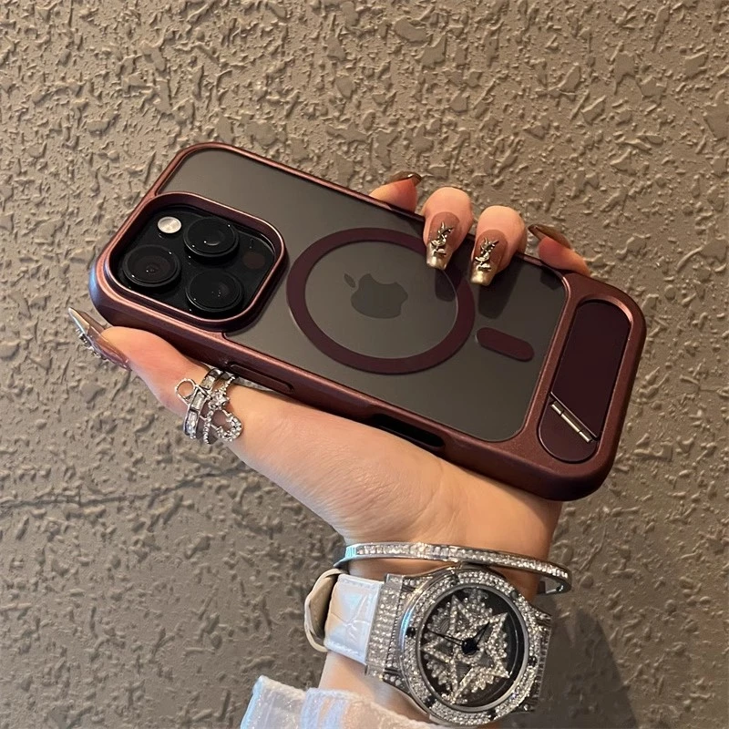 酒红色磁吸金属支架适用苹果16pro手机壳新款高级感磨砂硅胶防摔