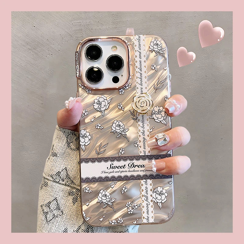 适用苹果手机壳高级感素描玫瑰立体山茶花气质女唯美超仙全包新款