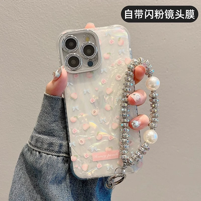 ins风夏日水果适用苹果15pro手机壳防摔网红女款轻奢高级感带手链