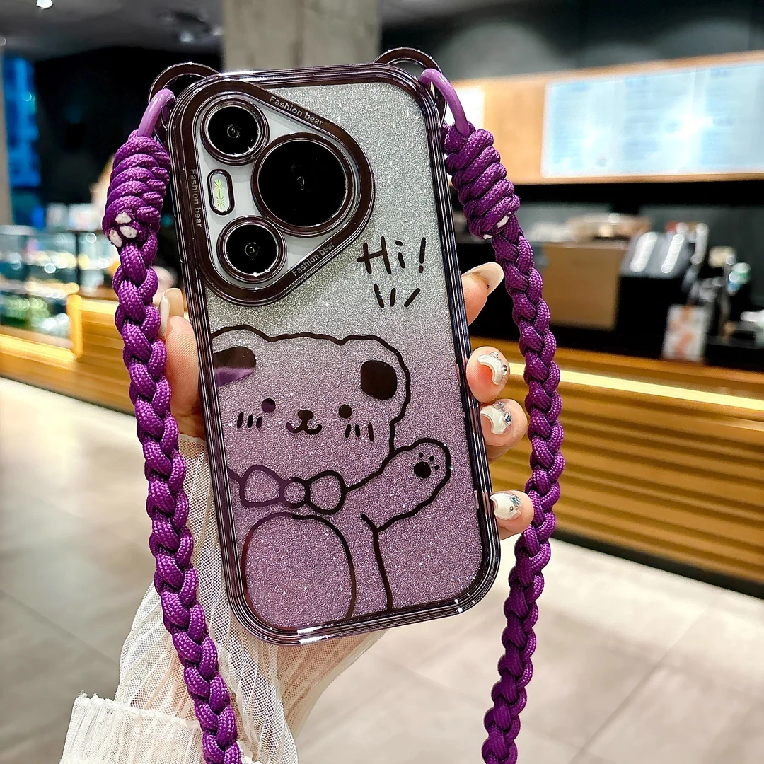 闪粉电镀小熊适用华为pura70pro+手机壳斜挎带挂绳可背女全包防摔