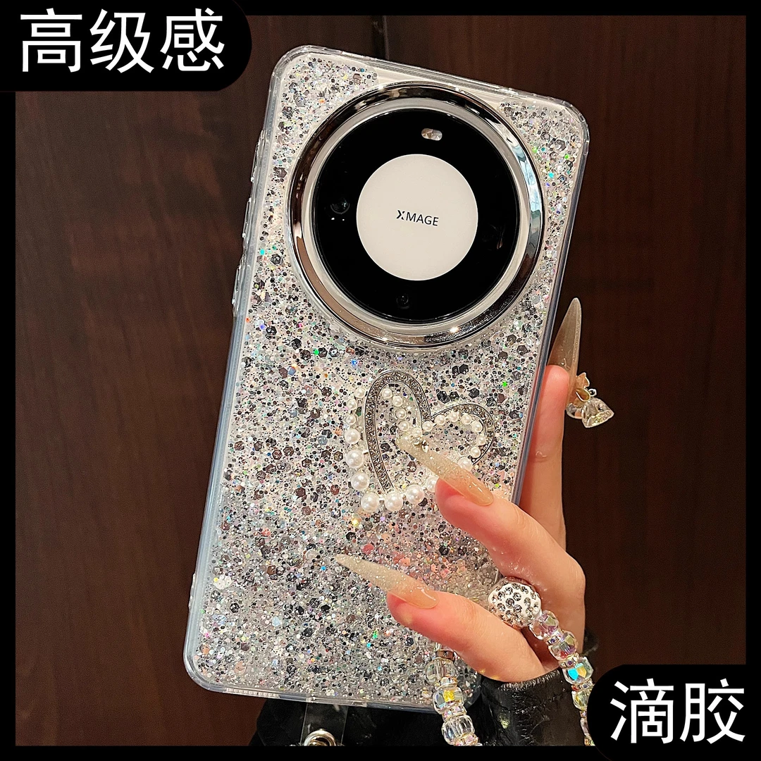 适用华为mate70pro+手机壳pura70网红轻奢电镀闪粉立体爱心网红女