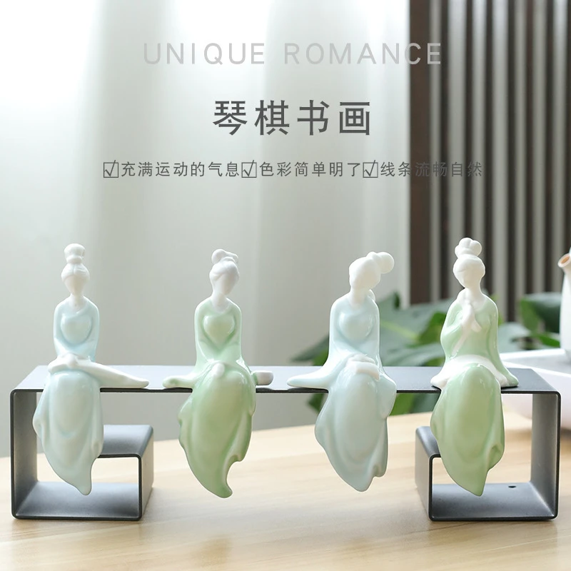 陶瓷工艺品美女摆件琴棋书画休闲侍女摆件精致客厅茶桌房间装饰品