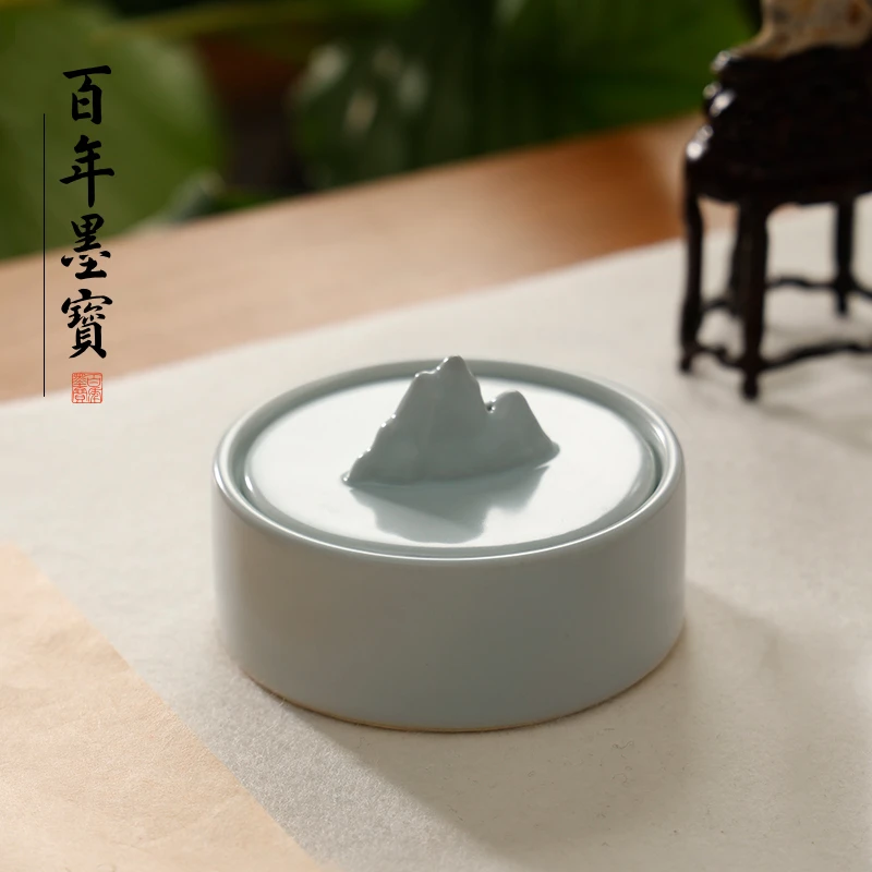 汝窑青山瓷砚带盖笔搁设计用作墨池存墨防干仿古陶瓷器文房四宝