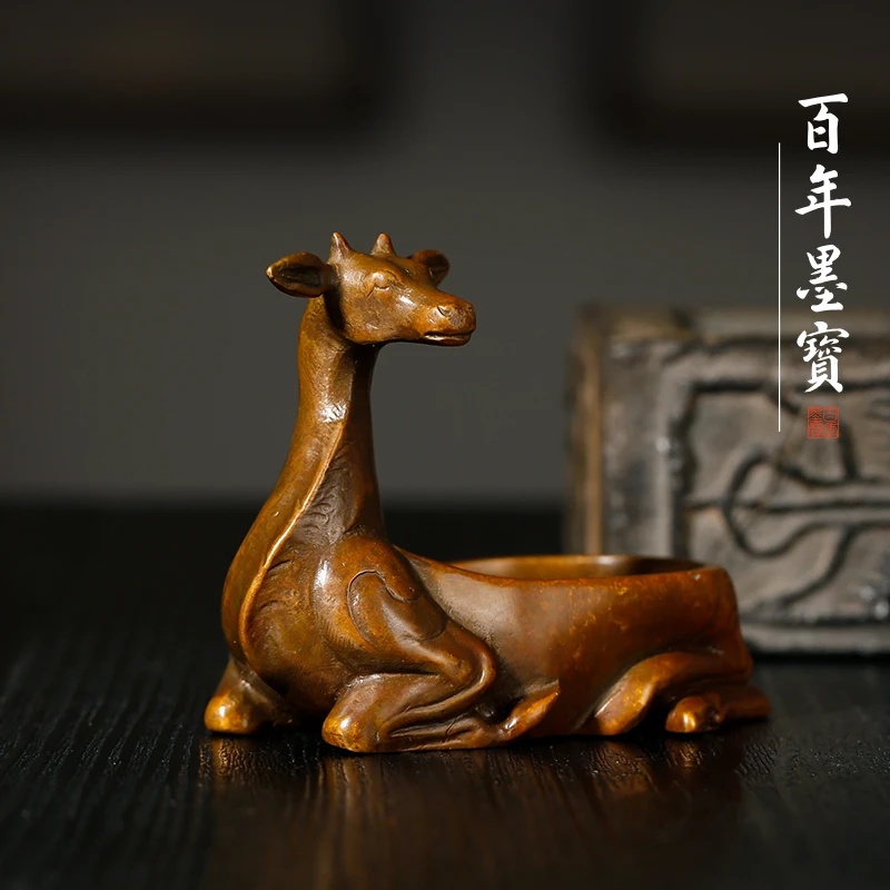 青铜器卧鹿寻踪镇 创意文房书法镇纸压纸镇尺笔舔墨池多功能摆件