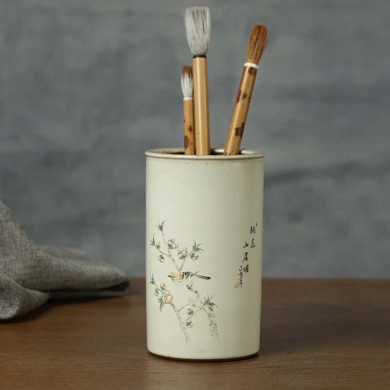 【桃花山雀图笔筒】景德镇复古陶瓷手绘中国风创意匠人手绘系列