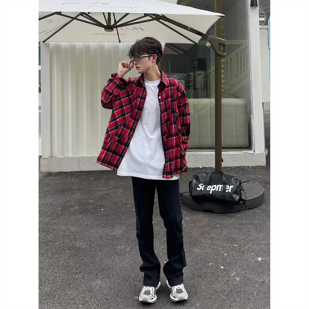 怪兽实验室美式街头解构设计感黑红格纹衬衫宽松百搭休闲长袖外套