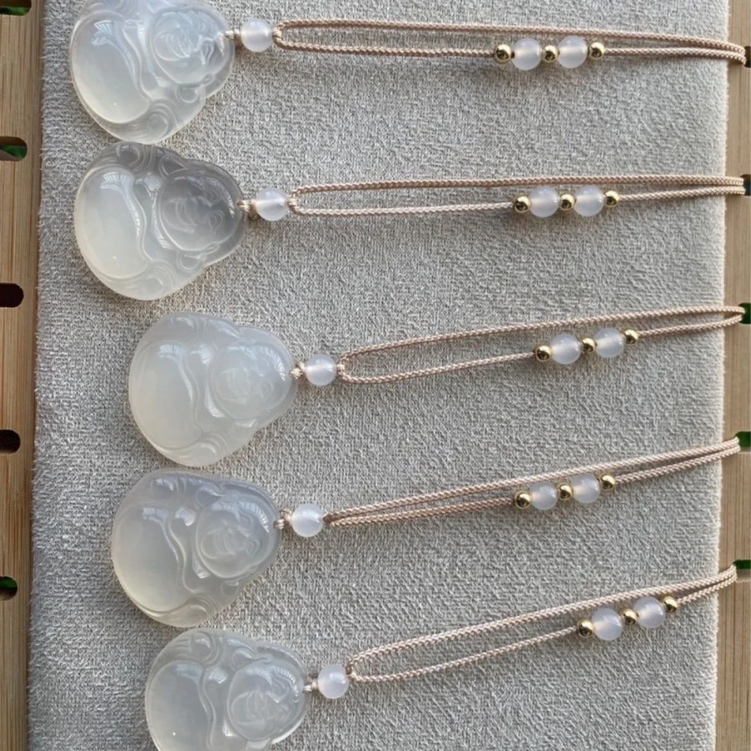 高冰天然玉髓白冰佛公吊坠玛瑙手工编织绳女士弥勒佛玉石吊坠古风