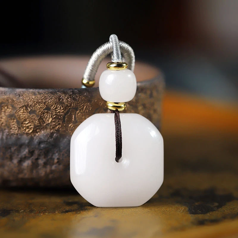 天然金丝玉白色平安扣男女款八方来财手工挂坠项链玉时尚百搭挂件